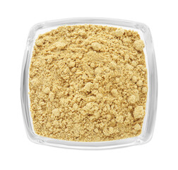 Aromatic mustard powder in glass bowl on white background, top view
