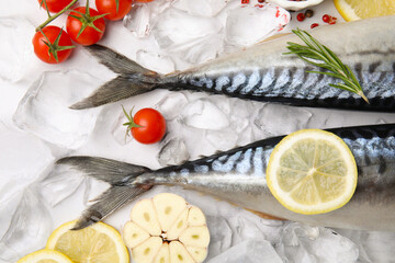 Flat lay composition with tasty raw mackerel on white marble table