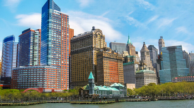 Panorama of New York City modern skyline in 2007 after Twin Towers. View from the sea on sightseeing cruise, United States.