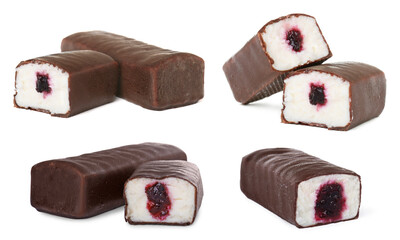 Collage with glazed curd cheese bars with berry jam filling on white background