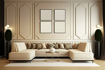 Luxury living room with big beige corner sofa and wooden floor and wall decoration, generative AI