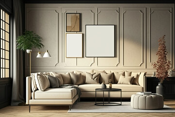 Luxury living room with big beige corner sofa and wooden floor and wall decoration, generative AI