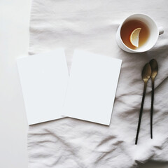 Obraz na płótnie Canvas Modern Blank Card Mockup with Vibrant Accents on Table, Neutral Minimalist Style