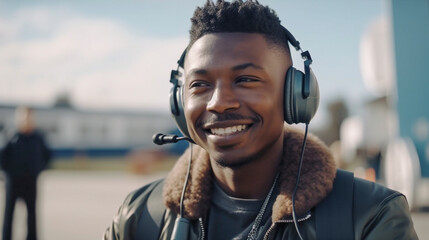 Young Amitious African American Male Wearing His Aviator Pilot Headset Smiling At The Airport - Generatvie AI.