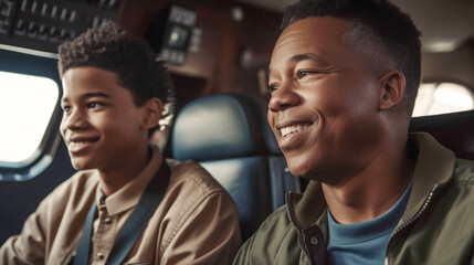 Young African American Father Teaching His Son To Fly In The Cockpit of Their Airplane - Generatvie AI.