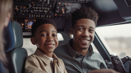 Young African American Father Teaching His Son To Fly In The Cockpit of Their Airplane - Generatvie AI.