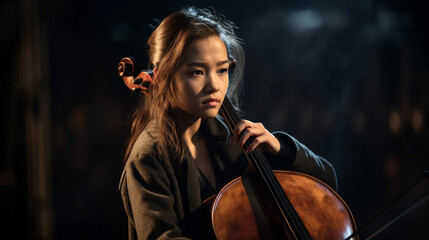 Young Asian Girl Playing Her Cello At The Concert Hall Under Dramatic Lights - Generatvie AI.