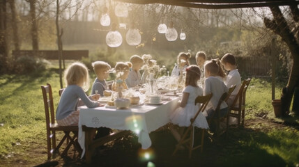Obraz premium Children Gather In The Yard At the Table For Easter Meal - Generatvie AI.
