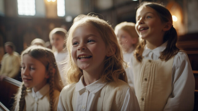 Young Girls Gather in the Church for the Choir Singing - Generatvie AI.