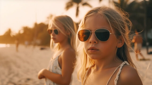 Two Young Children Girlfriends Posing Wearing Sunglasses Having Fun on the Beach - Generatvie AI.