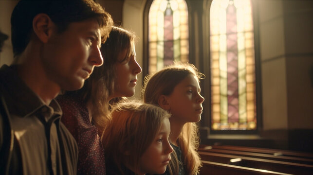 Young Spiritual Family At Church with Beautiful Stained Glass Windows - Generatvie AI.