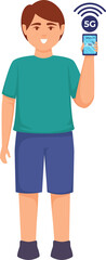 Cartoon character using mobile wireless technology for faster connectivity with smartphone illustration. 5G wireless network technology concept