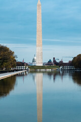 Washington D. C.  United States. November 29, 2022: Washington Monument with blue sky and reflection in the water.