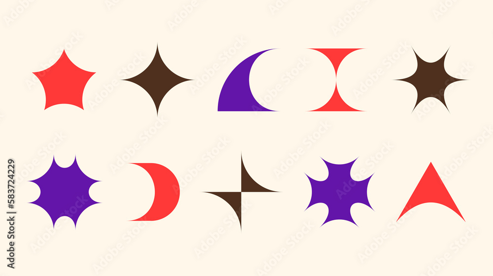Poster Y2K design element set. Retro futuristic symbols and objects. Collection of primitives in Swiss and bauhaus style. Pack of shapes, stars, sparkles, stickers. Vector background illustration