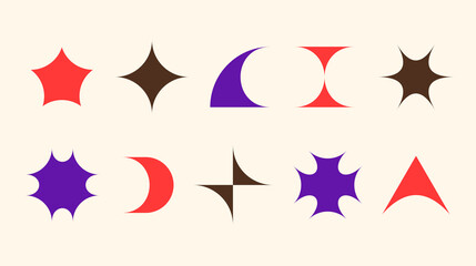 Y2K design element set. Retro futuristic symbols and objects. Collection of primitives in Swiss and bauhaus style. Pack of shapes, stars, sparkles, stickers. Vector background illustration