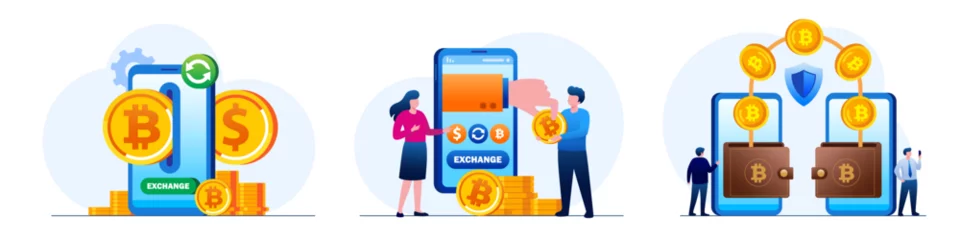 Fotobehang Cryptocurrency exchange. Blockchain technology, bitcoin, altcoins, cryptocurrency mining, finance, digital money market, cryptocoin wallet, crypto exchange Flat design vector illustration © yelosmiley