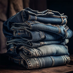 V&aacute;rias cal&ccedil;as jeans em cima da mesa de uma loja criado por IA