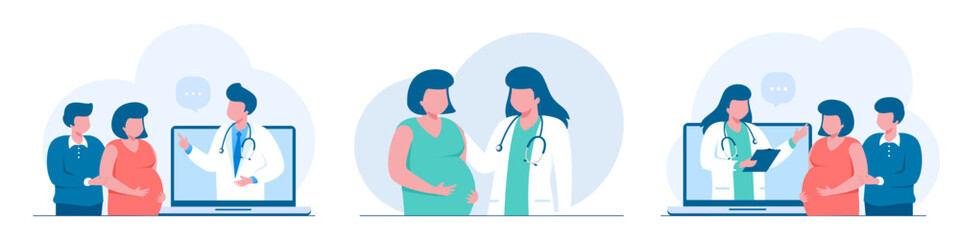 Online consulting pregnant woman with husband, maternity concept, healthcare, doctor. Vector illustration in flat style