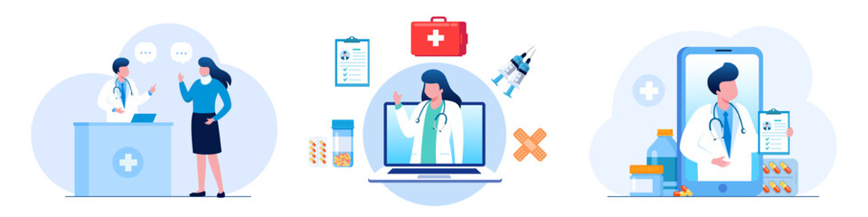 Online medical consultation and support. Online doctor. Healthcare services, Ask a doctor. Family doctor, gynecologist with stethoscope on the laptop screen. Flat vector illustration