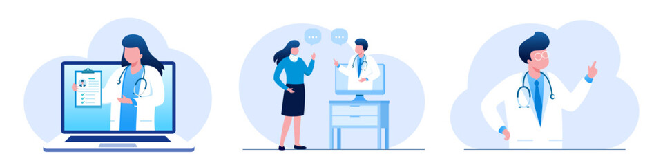 Fototapeta na wymiar Online medical consultation and support. Online doctor. Healthcare services, Ask a doctor. Family doctor, gynecologist with stethoscope on the laptop screen. Flat vector illustration