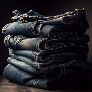 V&aacute;rias cal&ccedil;as jeans em cima da mesa de uma loja criado por IA