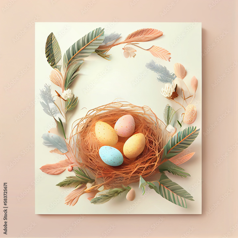 Poster happy easter day concept. top view easter eggs isolated on white background with copy space for text