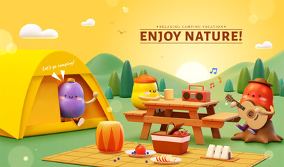 3D adorable camping poster - obrazy, fototapety, plakaty