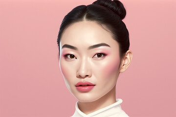 Beautiful asian model with luminous skin on colored background created with ai generative tools.