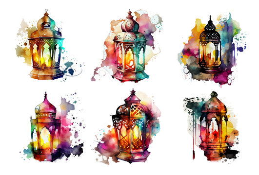set watercolor vector illustration of muslim lantern ramadan concept