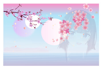 Beautiful japanese girl on a sakura landscape. Anime style. Sakura. Vector illustration.