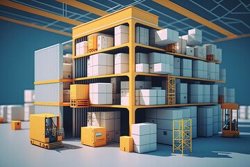Illustration of modern warehouse with automated goods movement system. Generative AI