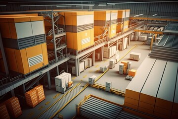3D render of modern warehouse with automated goods movement system. Generative AI