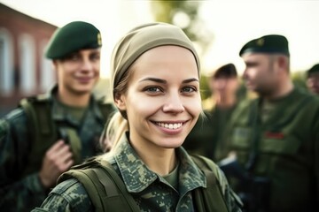Fototapeta premium Smiling Young female adult soldier in a soldier's uniform together with other soldiers in a soldier's uniform on a mission. Generative AI