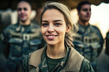 Obraz premium Smiling Young female adult soldier in a soldier's uniform together with other soldiers in a soldier's uniform on a mission. Generative AI
