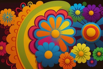 Fototapeta na wymiar Bunter farbenfroher Hippie 60er 70er Jahre 3d Desktop Hintergrund 