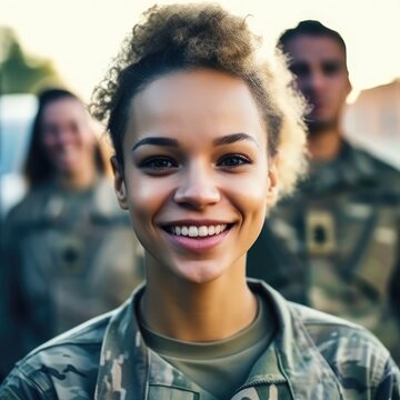 Smiling Young female adult soldier in a soldier's uniform together with other soldiers in a soldier's uniform on a mission. Generative AI