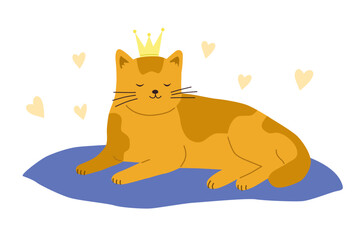 A cat with a crown on his head is lying on a pillow. Vector cartoon flat illustration