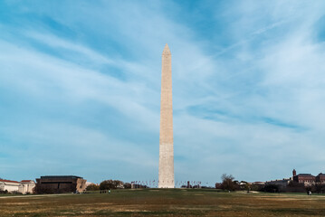 Washington D. C.  United States. November 29, 2022: Washington Monument with blue sky.