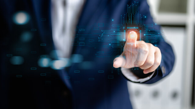 Access security personal financial data on scan fingerprint identification, biometric authentication cybersecurity, innovation technology cybernetics.