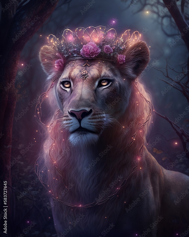 Wall mural lioness wearing a pink glowing crown, lion in the night, fantasy lioness, princess lion, princess lioness, ai artwork