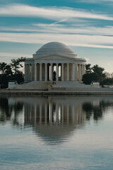 Washington D. C.  United States. November 29, 2022:Thomas Jefferson memorial with blue sky and lake.