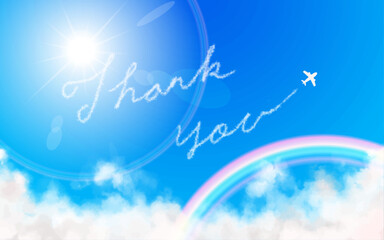 Thank Youの文字の飛行機雲と飛行機と虹と太陽