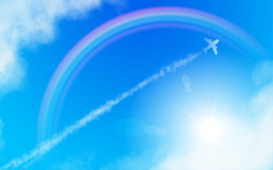 まっすぐのびた飛行機と飛行機雲　虹