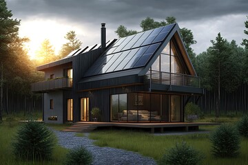 Passive house with solar panels. Green lawn and trees. Setting sun. Generative AI - obrazy, fototapety, plakaty