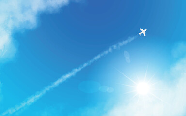 まっすぐのびた飛行機と飛行機雲　太陽