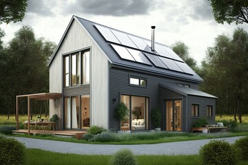 Passive house with solar panels. Green lawn and trees. Generative AI - obrazy, fototapety, plakaty