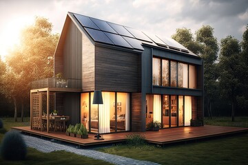 Passive house with solar panels. Green lawn and trees. Setting sun. Generative AI