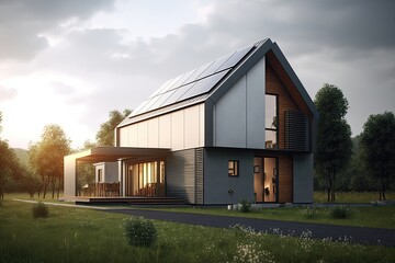 Passive house with solar panels. Green lawn and trees. Setting sun. Generative AI
