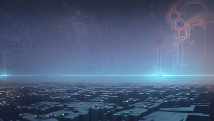 Sci-Fi Circuit Board Ground Sky Digital Electric Line Traces Glow Blue Futuristic Background Generative AI illustration