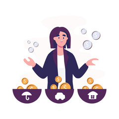 Financial concept of budget planning, diversification, money expenses distribution. flat illustration